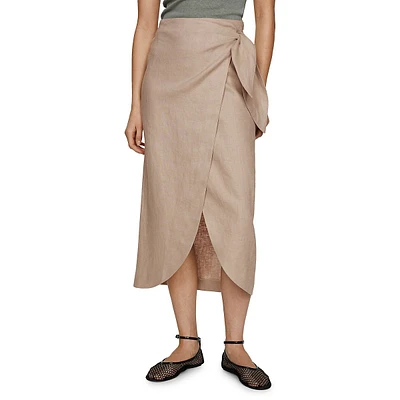 Side-Tie Linen Midi Skirt