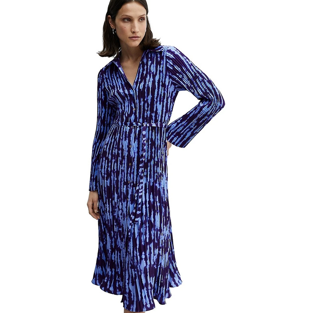 Pleated Print Midi Shirt Dress