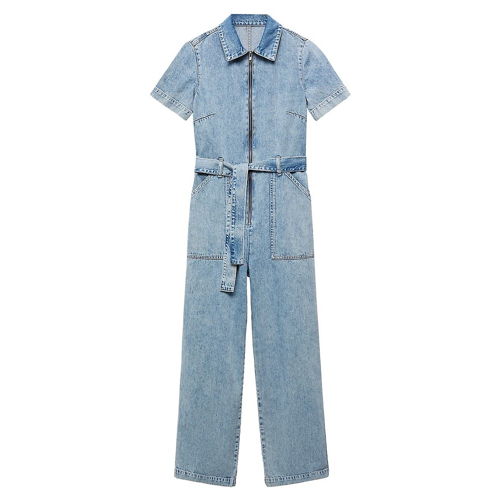 Norma Denim Short-Sleeve Zip-Front Jumpsuit