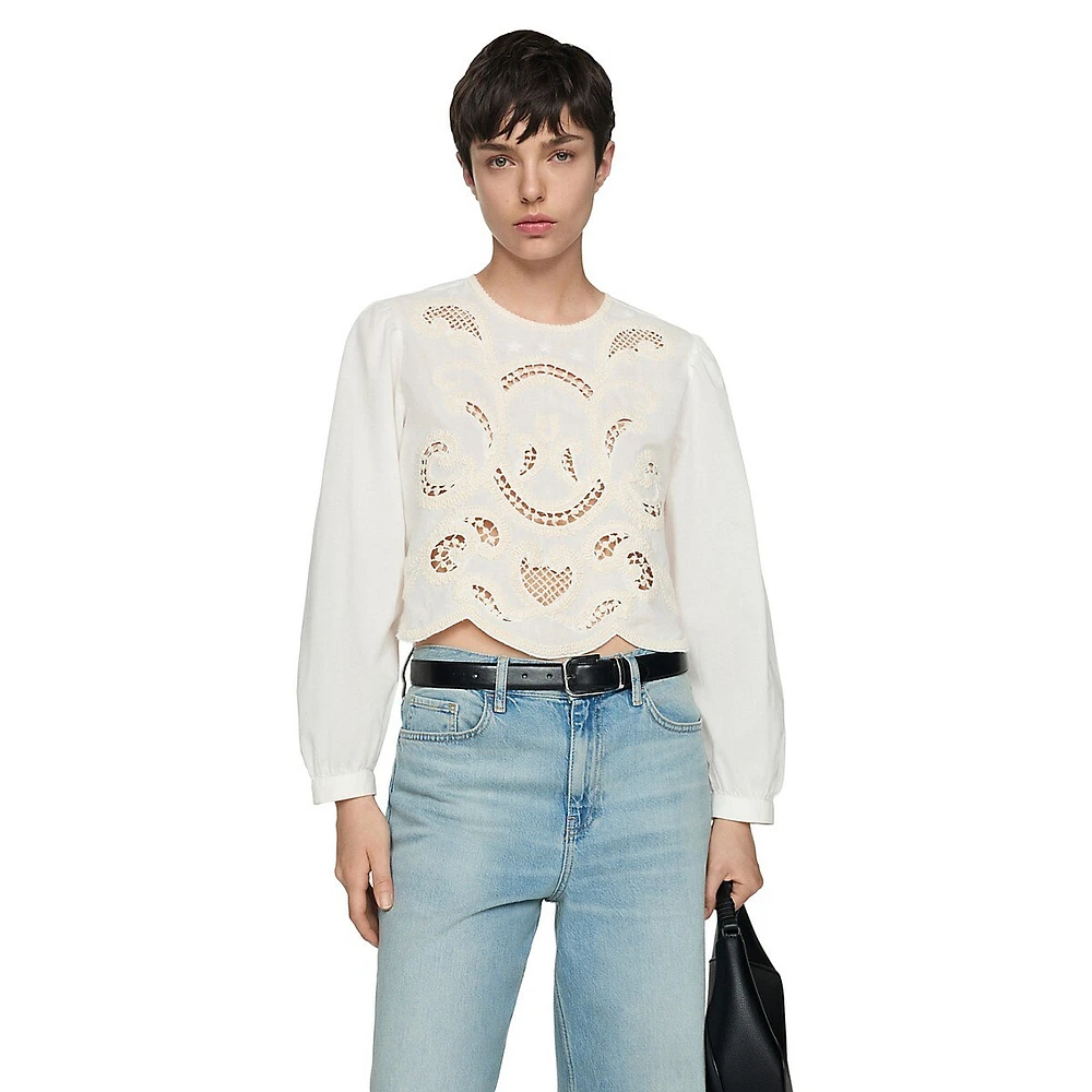 Cari Embroidered Puff-Sleeve Blouse