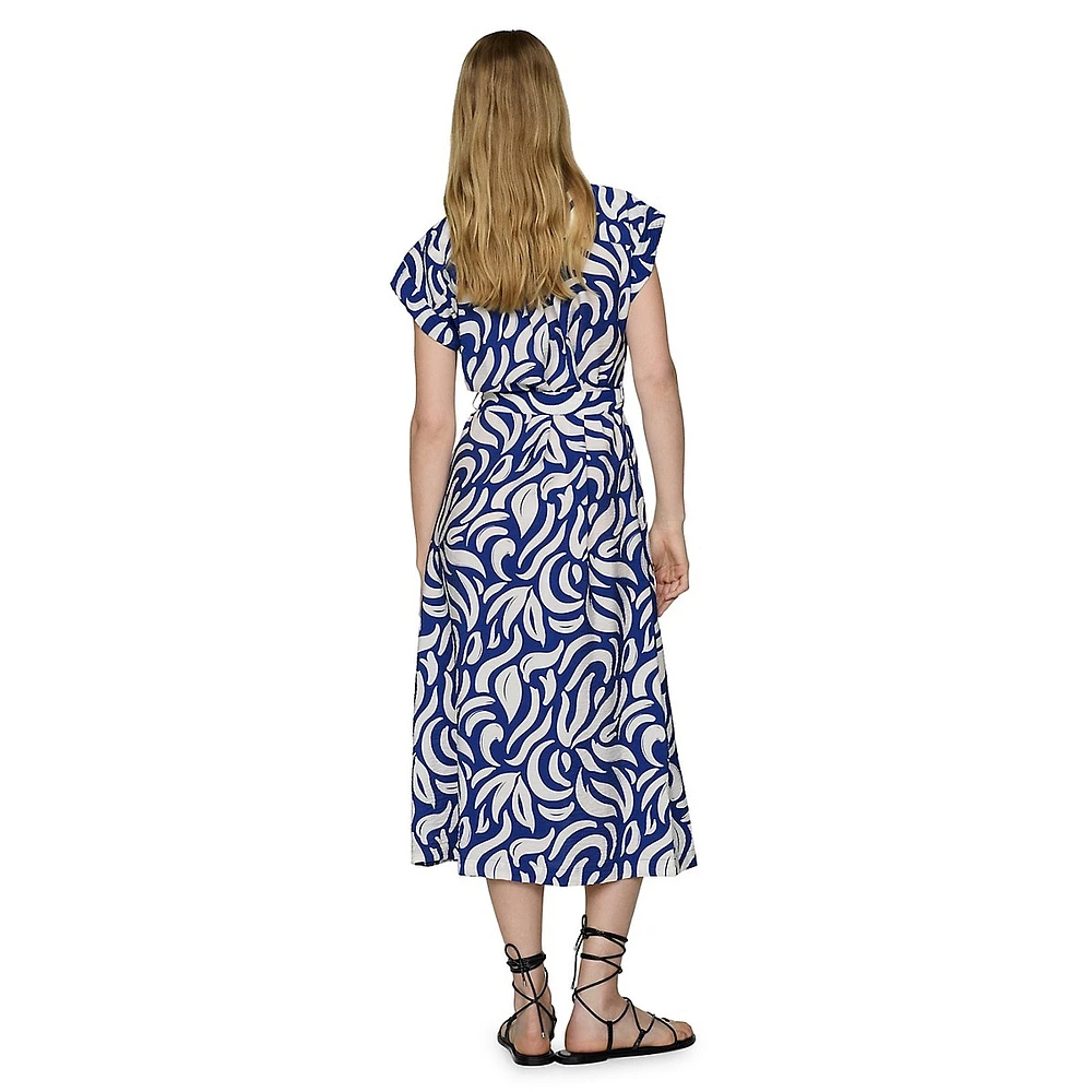 Printed Self-Belted Textured Midi Shirtdress