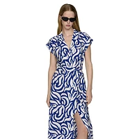 Printed Self-Belted Textured Midi Shirtdress