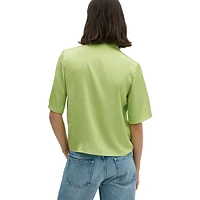 Notch-Collar Short-Sleeve Satin Shirt