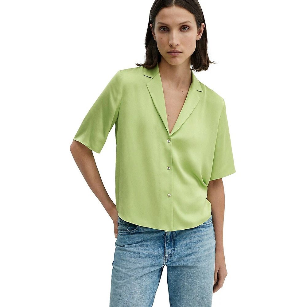 Notch-Collar Short-Sleeve Satin Shirt