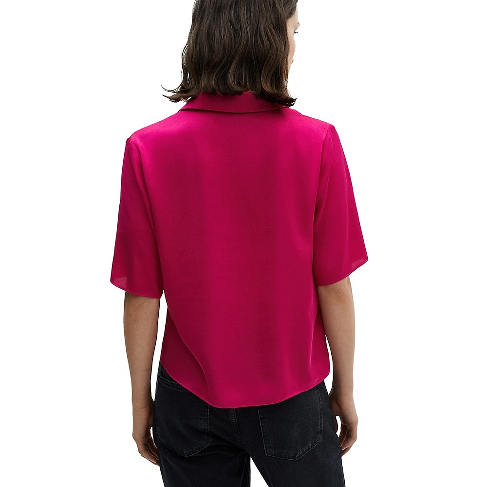 Notch-Collar Short-Sleeve Satin Shirt
