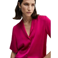 Notch-Collar Short-Sleeve Satin Shirt