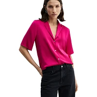 Notch-Collar Short-Sleeve Satin Shirt