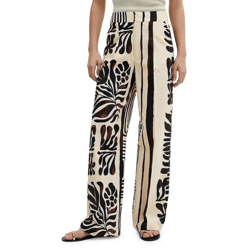 Karina Printed Cotton & Linen Pull-On Pants