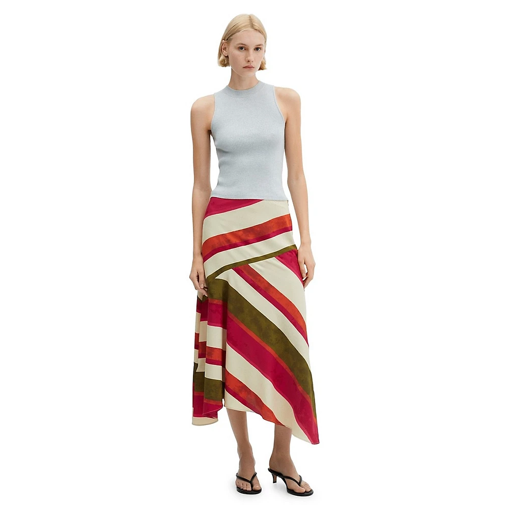 Cherry Diagonal Striped Satin A-Line Midi Skrit