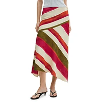 Cherry Diagonal Striped Satin A-Line Midi Skrit