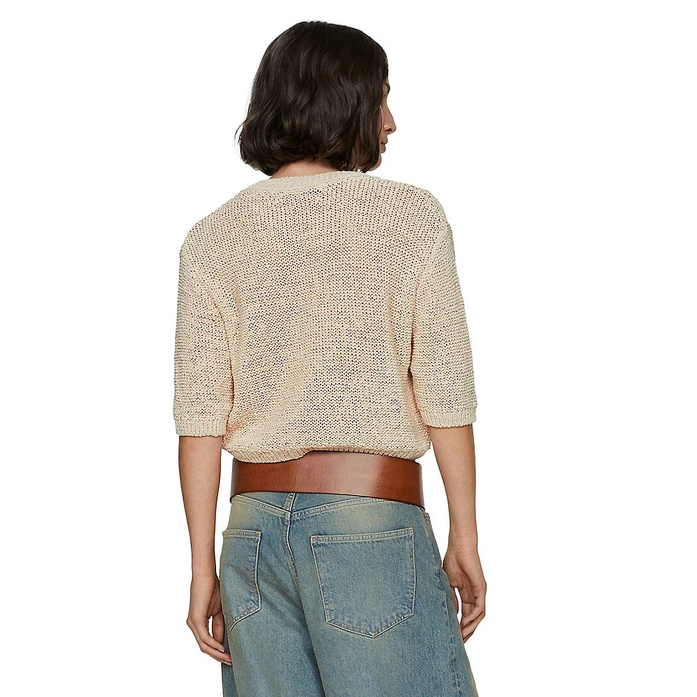 Textured Cotton Short-Sleeve Cropped Sweater