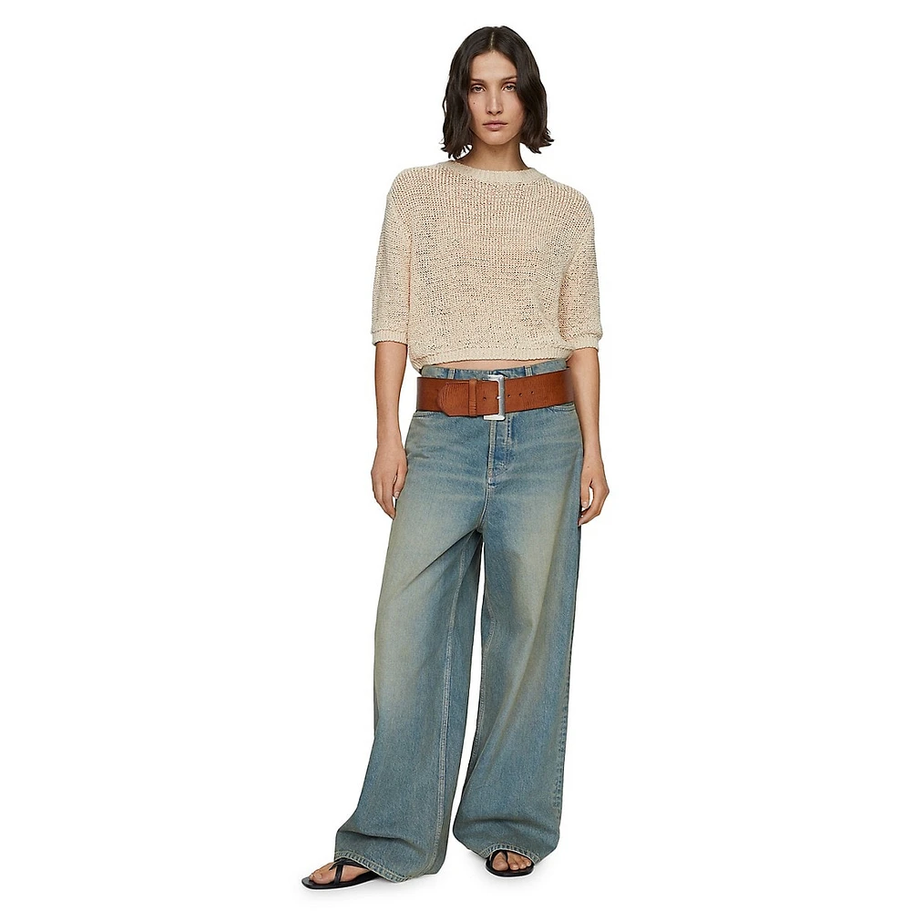 Textured Cotton Short-Sleeve Cropped Sweater