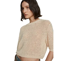 Textured Cotton Short-Sleeve Cropped Sweater