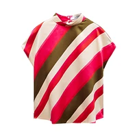 Striped Satin Mockneck Short-Sleeve Blouse