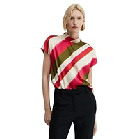 Striped Satin Mockneck Short-Sleeve Blouse