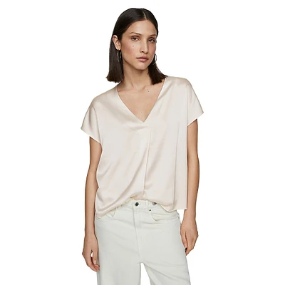 Satin-Front Mixed-Media V-Neck Top