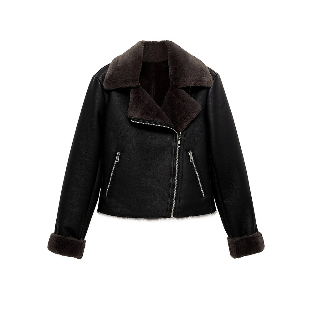 Cadi Faux Shearling-Lined Biker Jacket