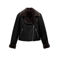 Cadi Faux Shearling-Lined Biker Jacket