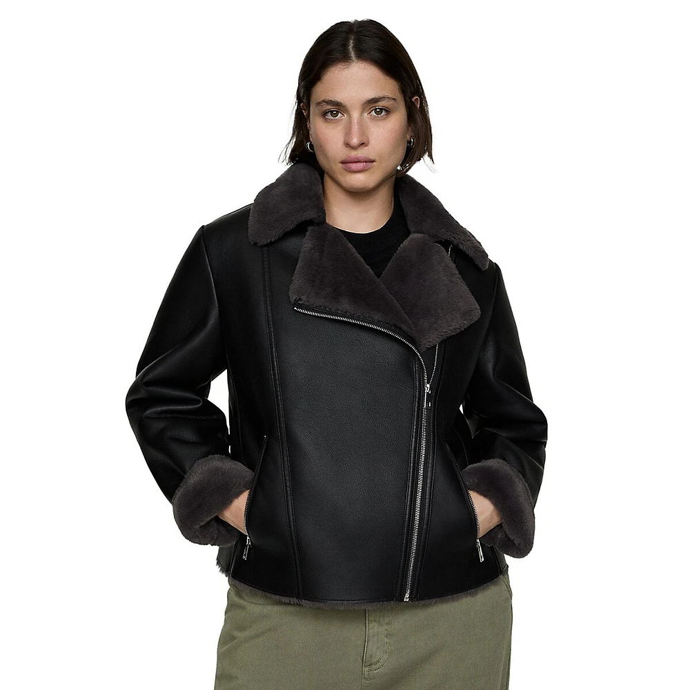 Cadi Faux Shearling-Lined Biker Jacket