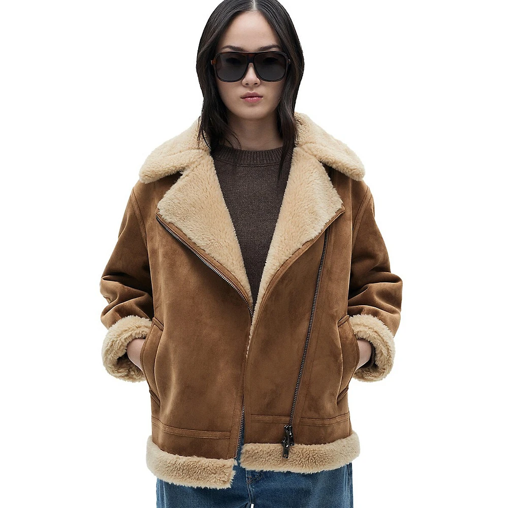 Adri Faux Shearling-Lined Sheepskin Biker Jacket