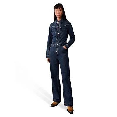 Long-Sleeve Denim Jumpsuit