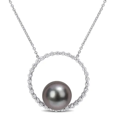 Tahitian Cultured Pearl And 1/2 Ct Tgw White Sapphire Circular Pendant With Chain In 10k White Gold