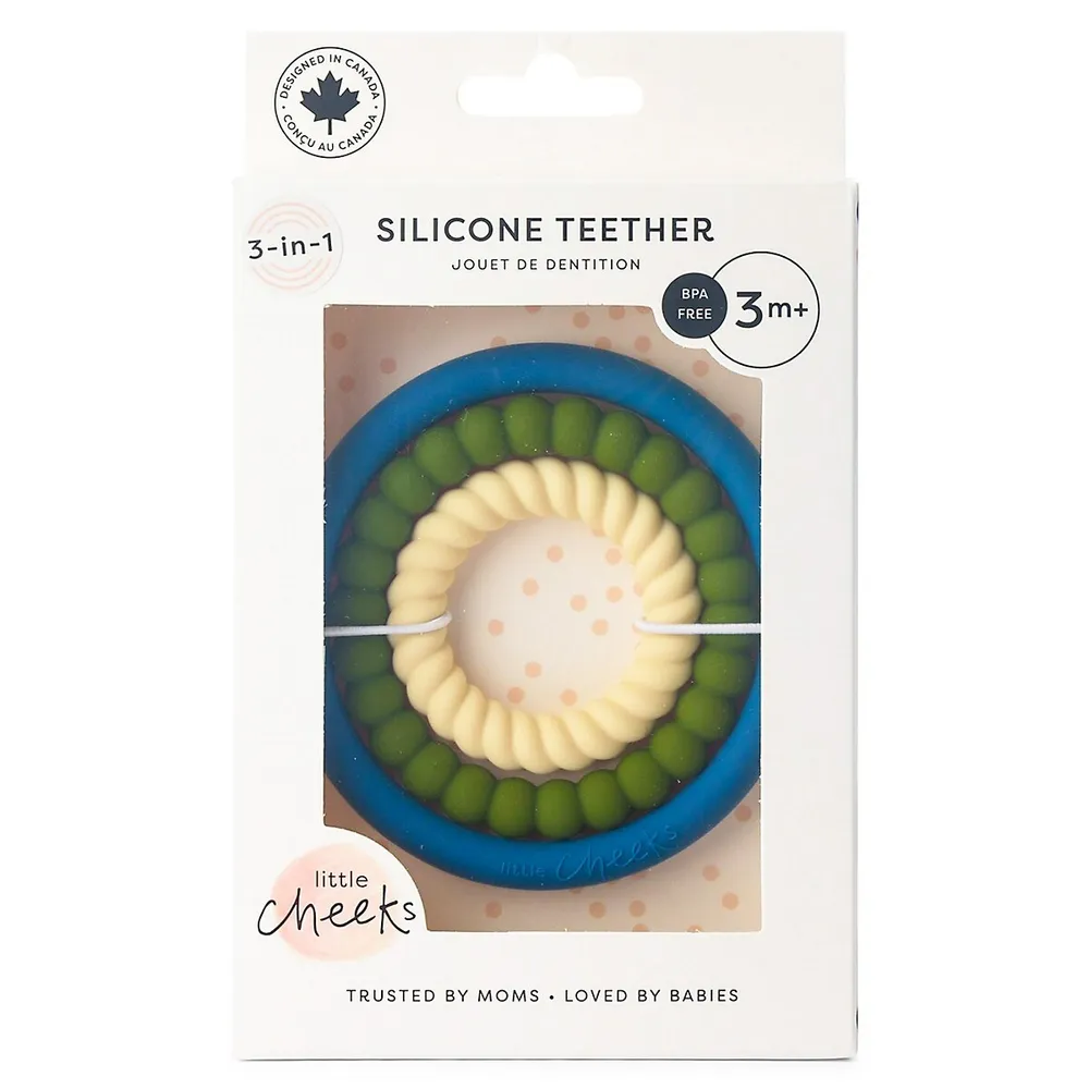 Ensemble de trois jouets-dentition en forme bague silicone texturé