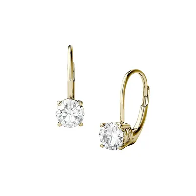 Boucles d'oreilles en or jaune 14 ct à moissanite ronde 1,00 ct PT et fermoir à levier