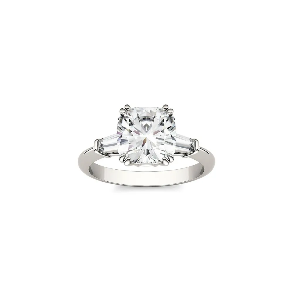 14K White Gold & 2.77 CT. T.W. Created Moissanite Cushion 3-Stone Ring