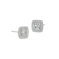 Boutons d'oreilles style halo en or blanc 14 ct avec moissanite taillée en coussin de 1,32 ct PT