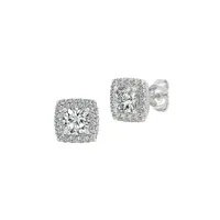 Boutons d'oreilles style halo en or blanc 14 ct avec moissanite taillée en coussin de 1,32 ct PT