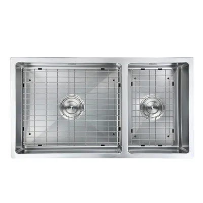 Prestige Undermount 32" 70/30 Double Bowl Kitchen Sink with Grid and Strainer in Stainless Steel