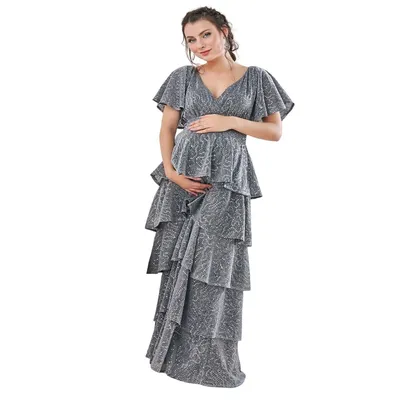 Maternity Sequin Lurex Tiered Maxi Silver
