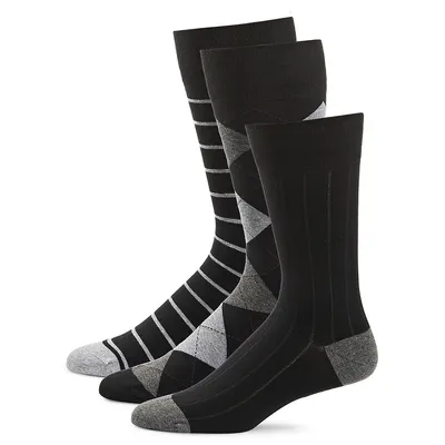 Men's 3-Pair Patterned Flat-Knit Crew Socks