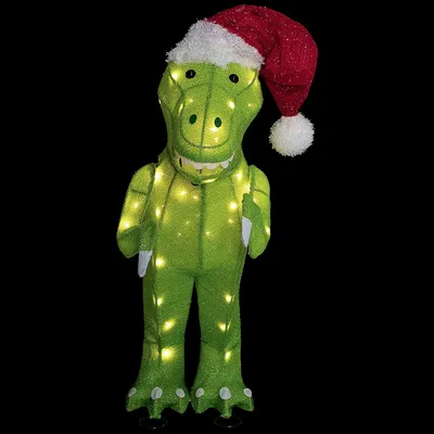 30" Led Lighted Tinsel Santa T-rex Dinosaur Outdoor Christmas Decoration
