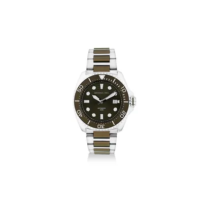 Men's Automatic Two-tone Watch In Green Tone Stainless Steel