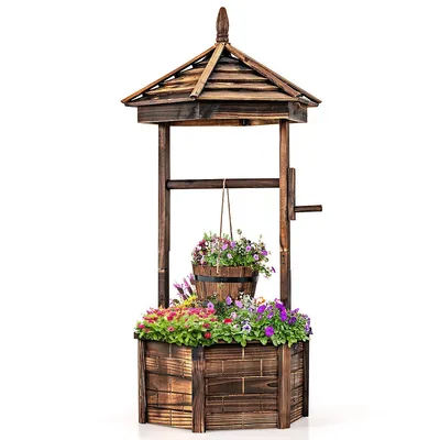 Wooden Wishing Well Hexagonal Bucket Flower Plants Planter Patio Garden Decor