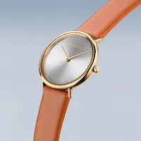 Ladies Ultra Slim Stainless Steel Interchangeable Strap Watch In Yellow Gold/brown