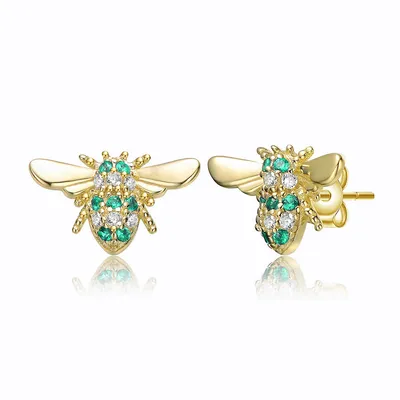 Kids' Sterling Silver 14k Yellow Gold Plated With Colored Cubic Zirconia Pave Wasp Stud Earrings