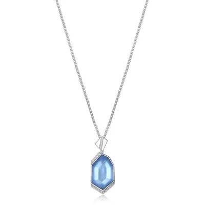 Rhodium-plated Sterling Silver Bluetopaz & Genuine Mother Of Pearl Doublet Cubic Zircona Pendant Necklace