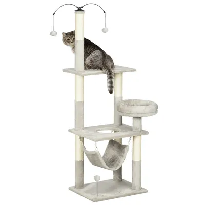 57.5" Cat Tree With Scratching Posts Bed Hammock Toys, Grey
