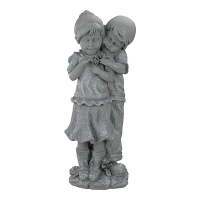 19.5" Gray Boy Hugging Girl Outdoor Garden Statue