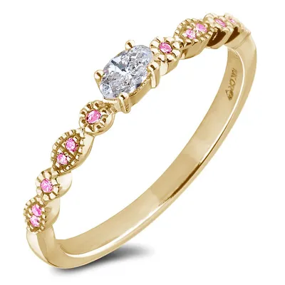 10k Yellow Gold 0.14 Marquise Diamond & 0.08 Cttw Pink Sapphire Stackable Ring
