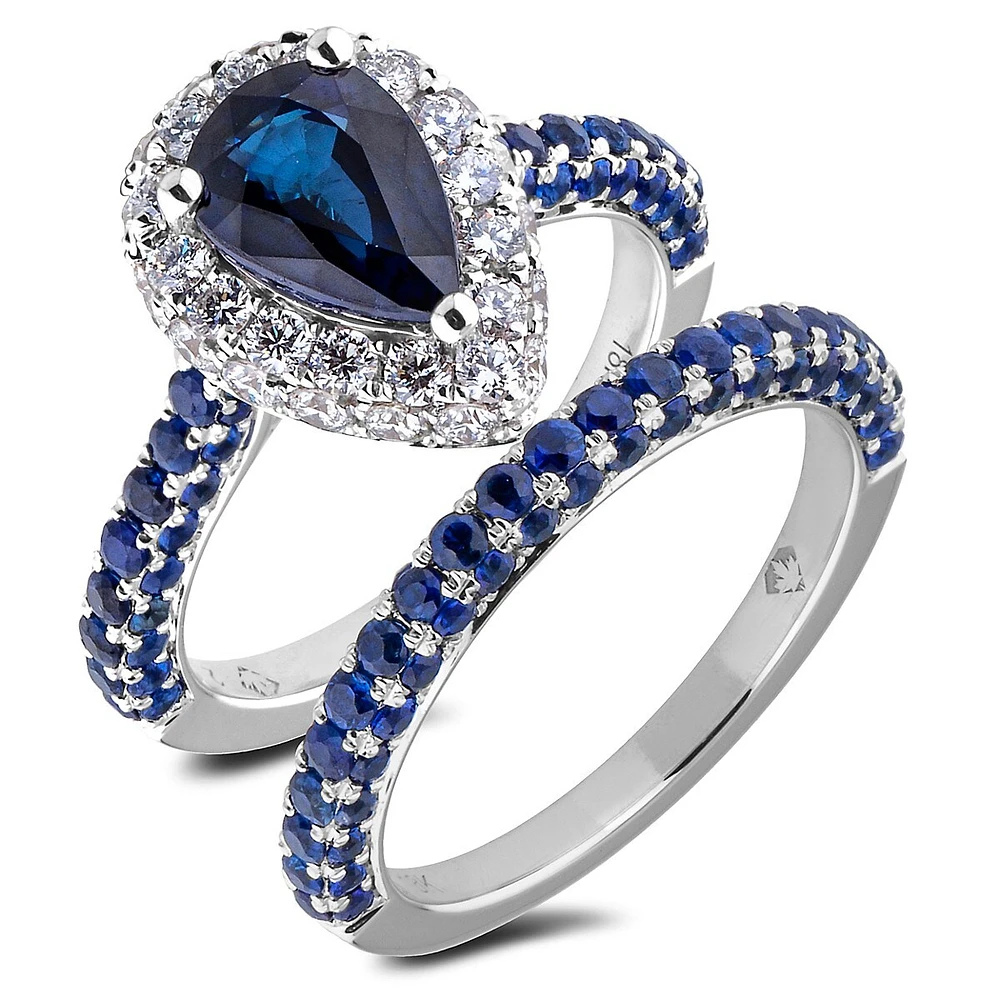 18k White Gold 2.04 Ct Pear Sapphire & Diamond Halo Engagement Ring