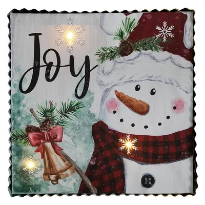 12" Led Lighted 'joy' Snowman Christmas Canvas Wall Art