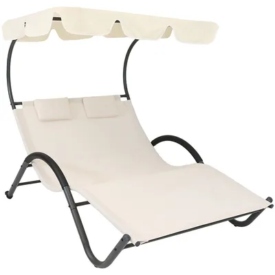 Double Chaise Lounge With Canopy And Headrest Pillows - Beige