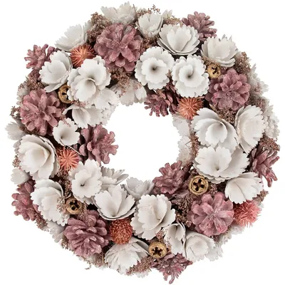 13" White And Pink Wooden Floral Christmas Wreath With Pinecones