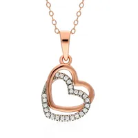 Sterling Silver 18" Heart Cz Rose Gold Pendant Necklace