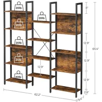 5 Tier Large Bookshelf, Triple Wide Bookcase With 14 Storage Shelve In An Industrial Rustic Brown Style