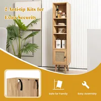 Rattan Storage Cabinet Freestanding Slim Organizer Wood Display Rack Living Room